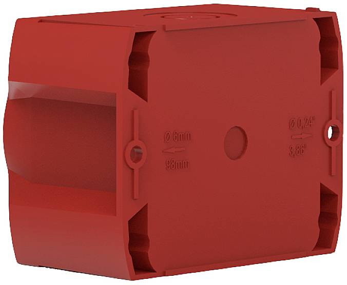 Scatola da incasso rettangolare in plastica di colore rosso, con angoli arrotondati, per impianti elettrici. Include marcature per i fissaggi delle viti.
