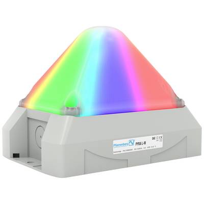 Un dispositivo a forma di piramide con luce LED che cambia colore su un involucro grigio. Scritta sull'involucro: 'Pfannenberg PYRA-M'.