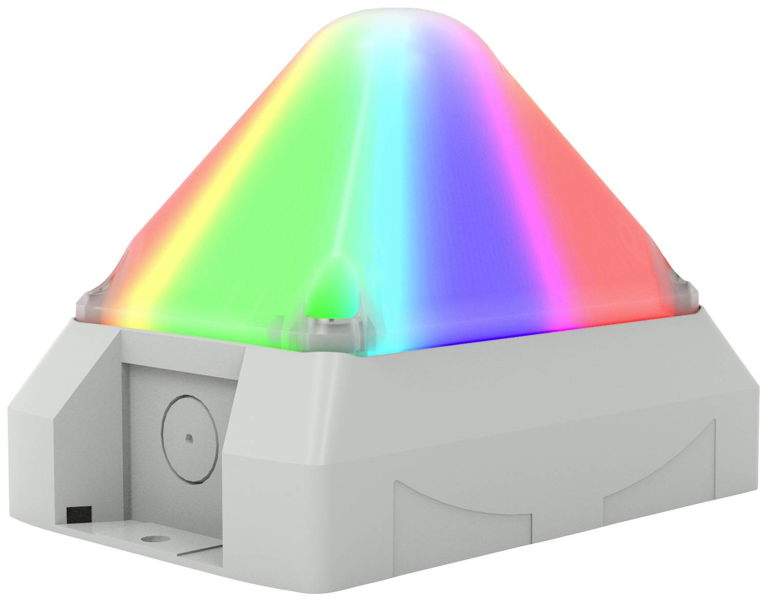 Una luce LED a forma di piramide che emana colori arcobaleno, montata su un piedistallo bianco a forma di rombo.