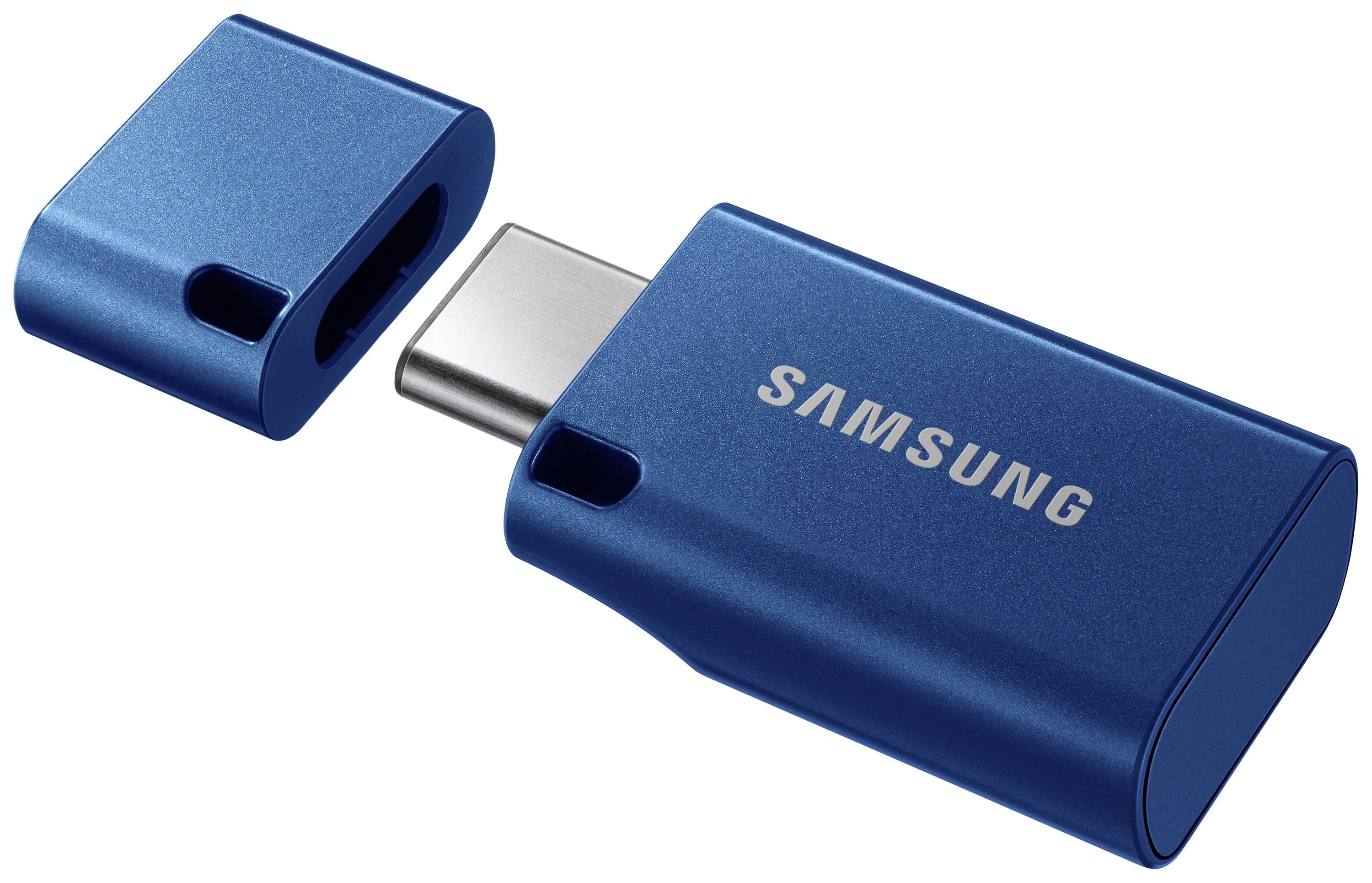 Una chiavetta USB blu con cappuccio rimovibile. Il nome del marchio 'Samsung' è visibile. Adatta per l'archiviazione o il trasferimento di dati.