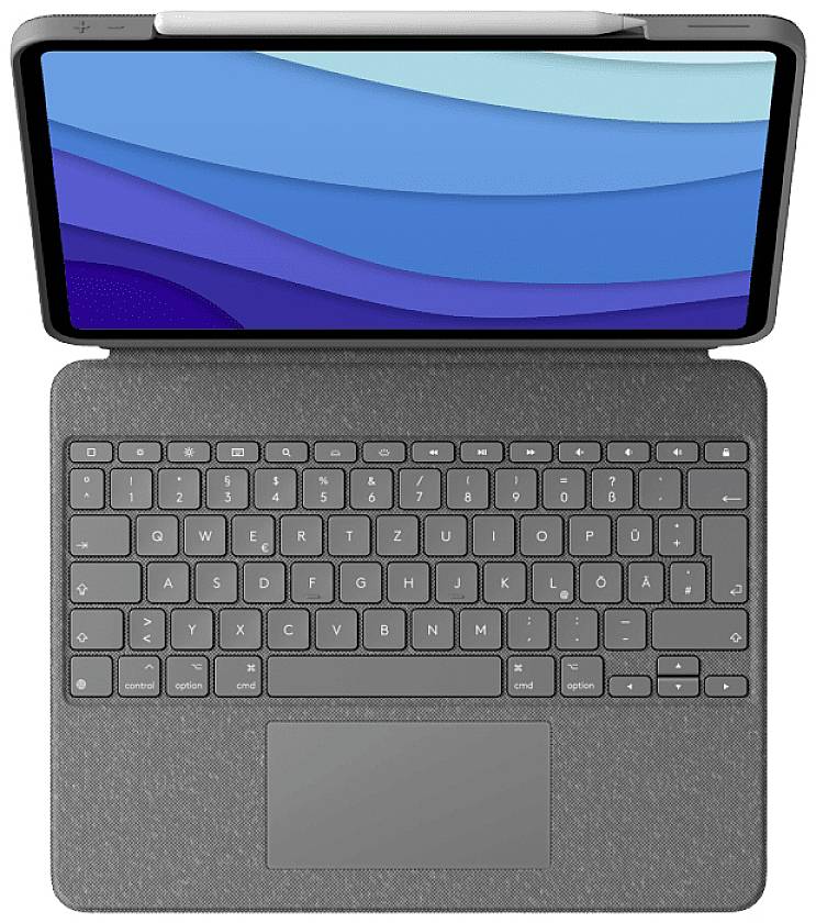 Un tablet con tastiera e penna è poggiato su un tavolo. Lo schermo mostra dei motivi ondulati blu.
