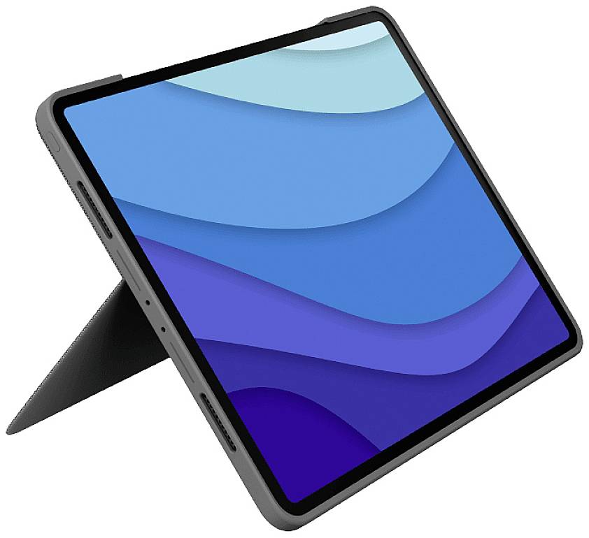Un tablet in modalità orizzontale su un supporto mostra uno sfondo astratto blu. Il dispositivo è poggiato su un supporto sagomato.