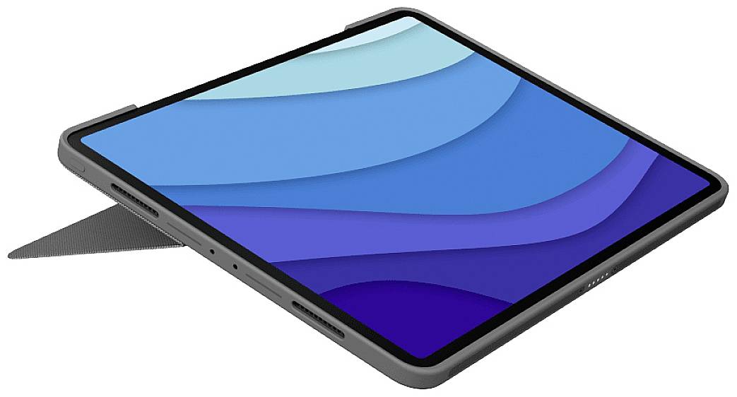 Un tablet moderno con custodia per tastiera, poggiato obliquamente su un tavolo; lo schermo mostra sfumature di colore blu.