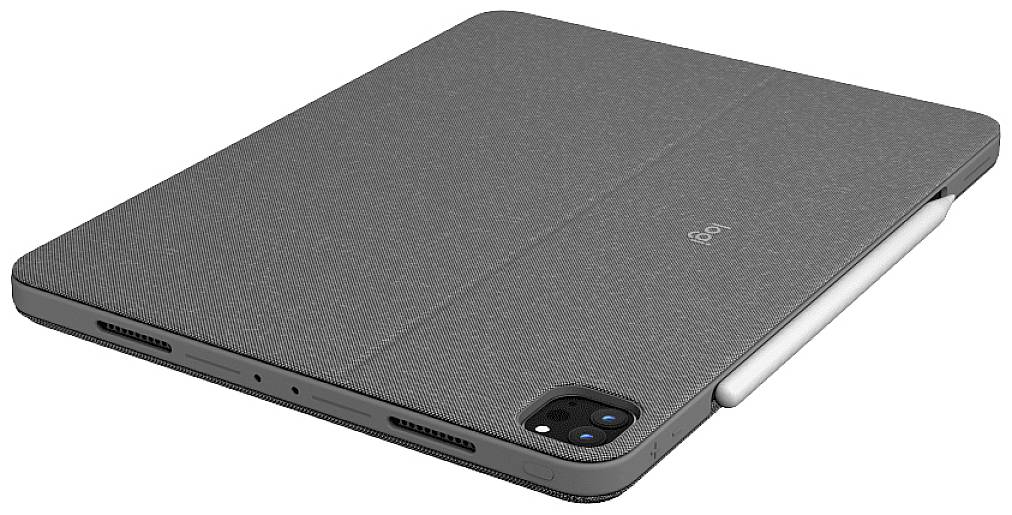 Tablet con cover tastiera grigio strutturato, posizionato orizzontalmente, modulo fotocamera visibile.