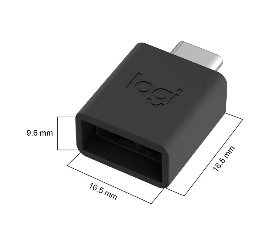 Adattatore USB-C nero con la scritta 'logi'. Dimensioni: 9,6 mm di altezza, 16,5 mm di larghezza, 18,5 mm di profondità.