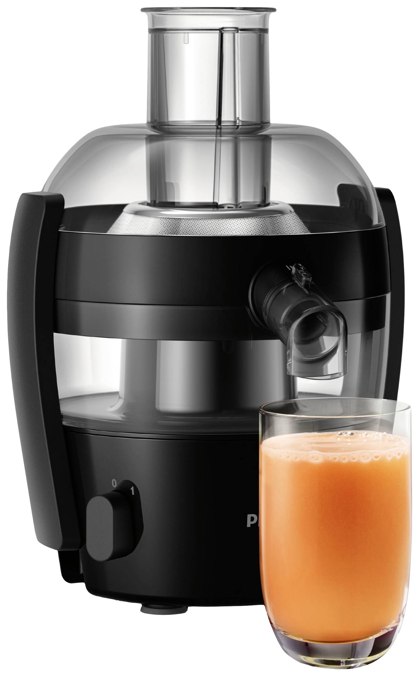 Estrattore di succo con un bicchiere di succo d'arancia fresco davanti. L'estrattore è nero e ha un design moderno.
