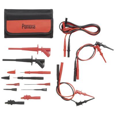 Un set di cavi di misurazione e clip in rosso e nero, con una borsa per il trasporto recante la scritta 'Pomona'.