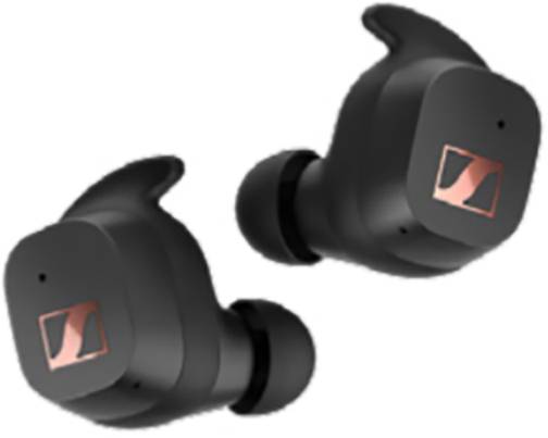 Due auricolari in-ear wireless neri con logo rosa, raffigurati su sfondo bianco.