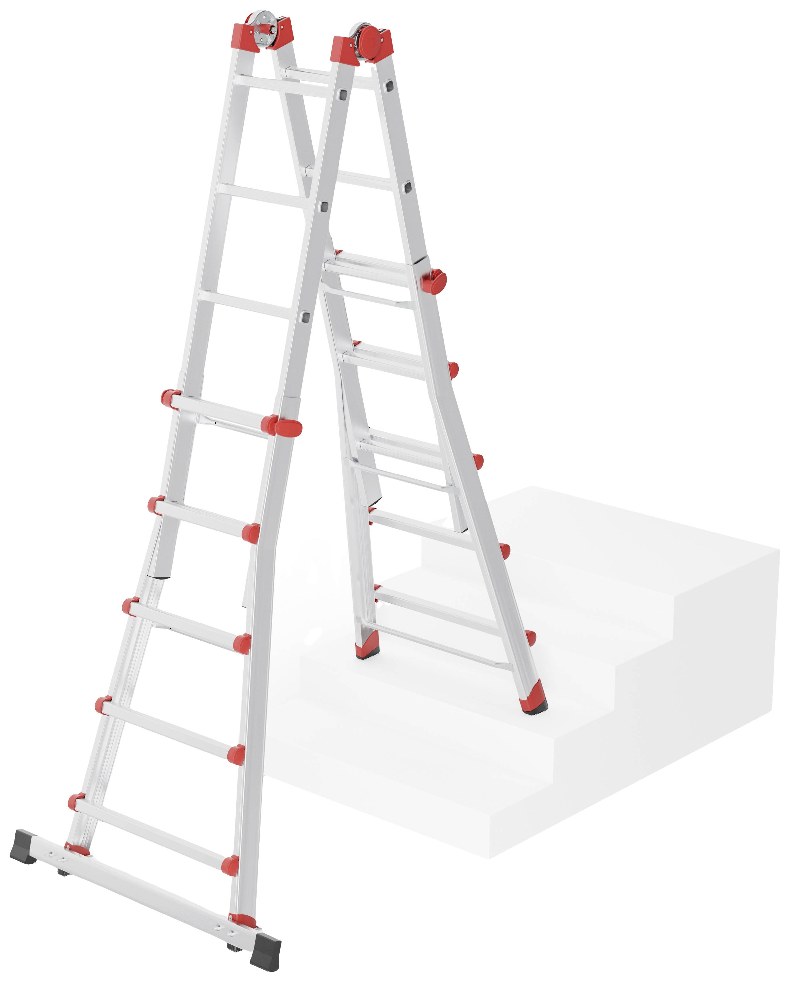 Scala telescopica con blocchi di sicurezza rossi, utilizzata su gradini. Ideale per lavori a diverse altezze.