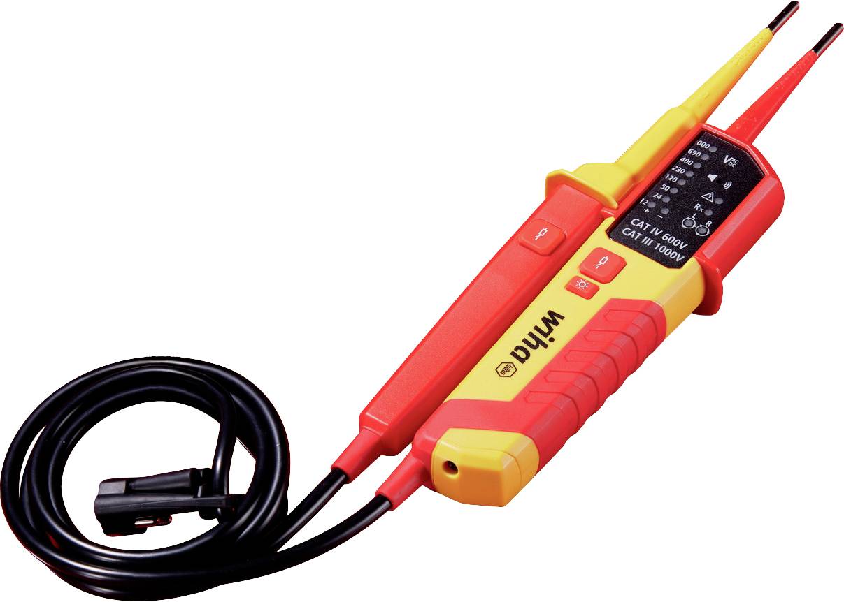 Un tester di tensione bipolare con custodia rossa e gialla e cavo di misurazione rimovibile, idoneo per verificare tensioni elettriche.