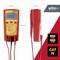 Multimetro in rosso-arancione con display digitale per tensione e corrente, nome del prodotto 'Wiha'. Indicazioni: 600 V AC/DC, CAT IV. Dimensioni: 150 mm x 80 mm x 45 mm.