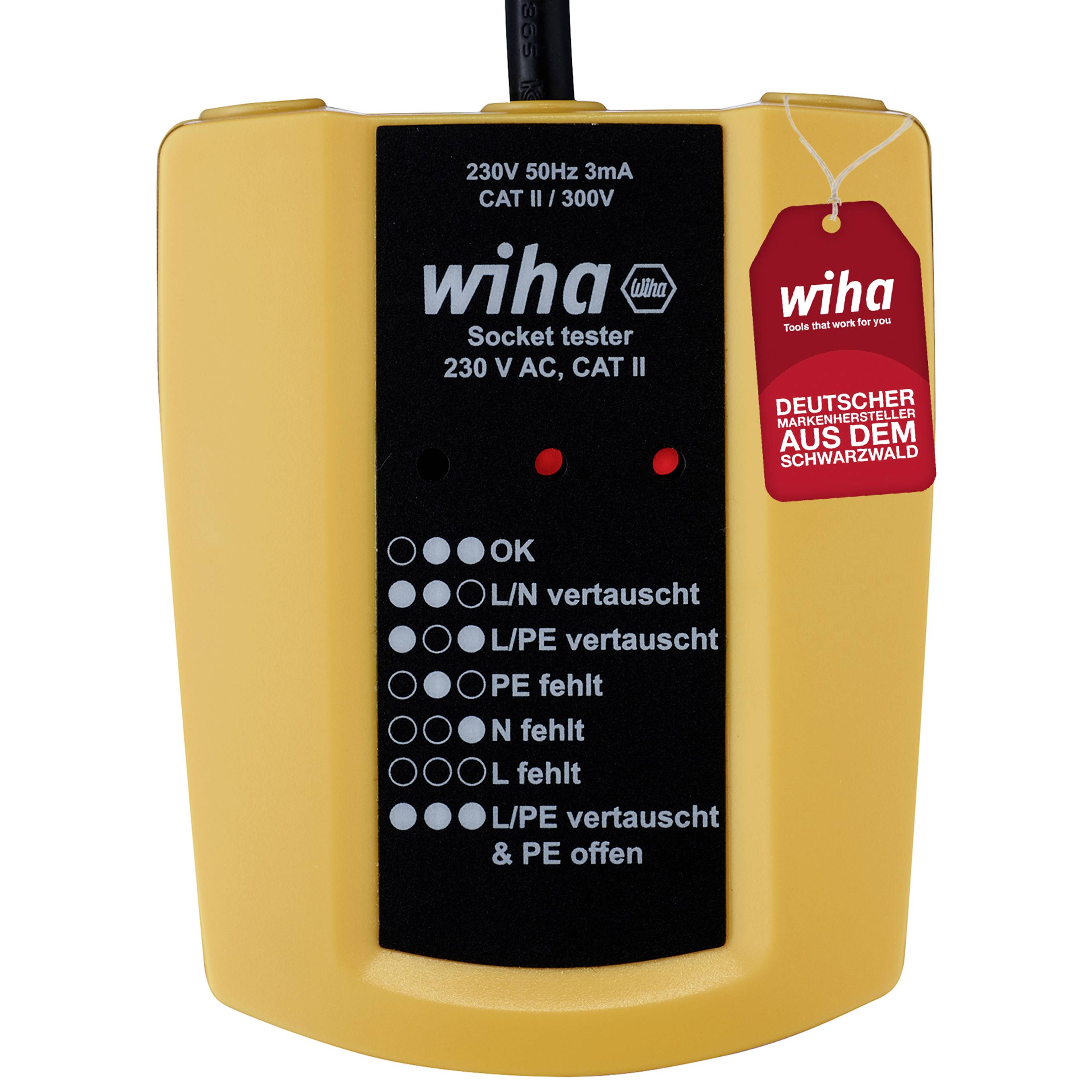 Dispositivo tester per prese elettriche giallo con indicatori LED e scritta 'OK, L/N invertiti, L/PE invertiti, N mancante, L mancante, PE mancante'.