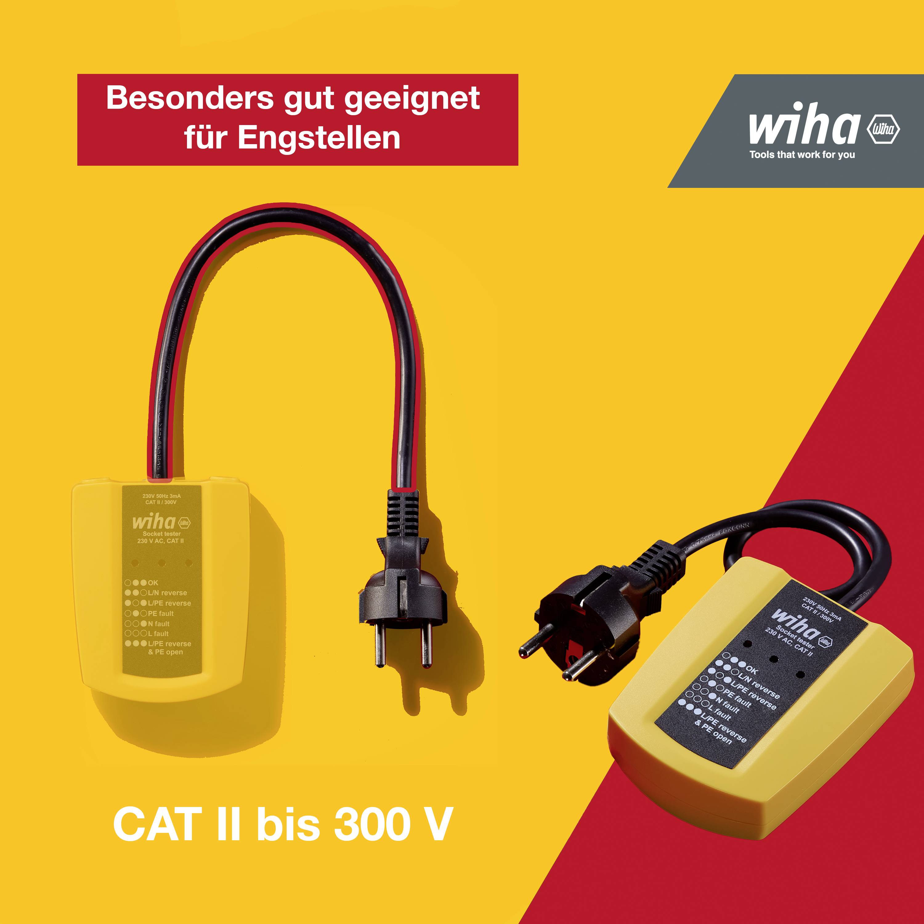 Dispositivo di misurazione giallo con cavo e spina, idoneo per CAT II fino a 300 V. Testo superiore: 'Particolarmente adatto per spazi ristretti'.