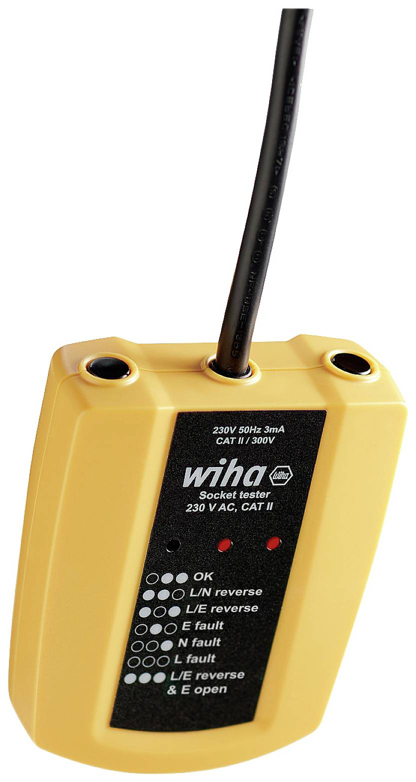 Dispositivo elettrico giallo per la verifica delle prese con indicatori LED. Mostra gli errori di connessione, con l'elenco degli errori raffigurato sul lato anteriore.