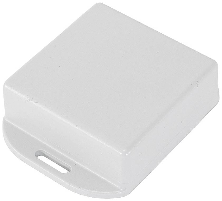 Un involucro di plastica bianco, quadrato, con angoli arrotondati e una piccola apertura sul lato inferiore.