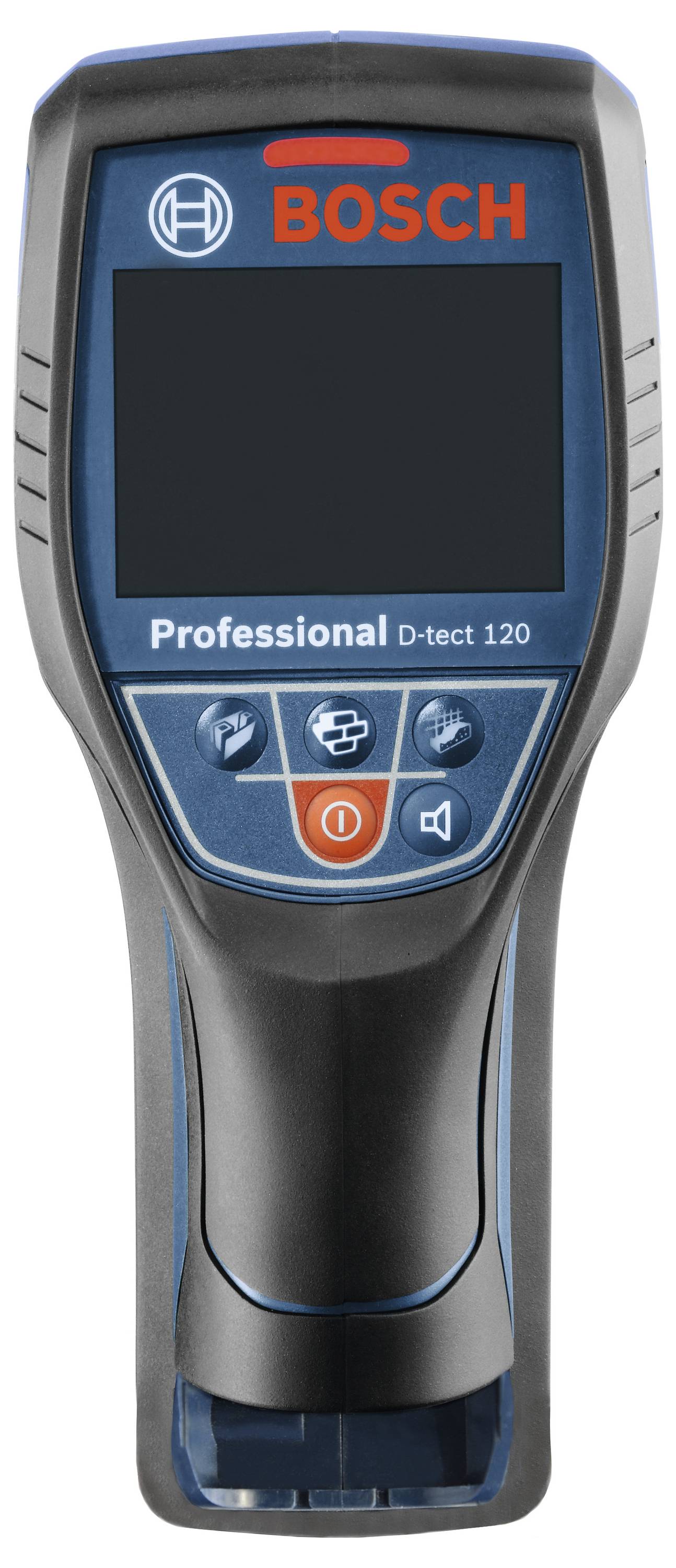 Un pratico dispositivo Bosch D-tect 120 di colore blu per l'ispezione di muri e materiali, dotato di display e comandi per una localizzazione efficiente.