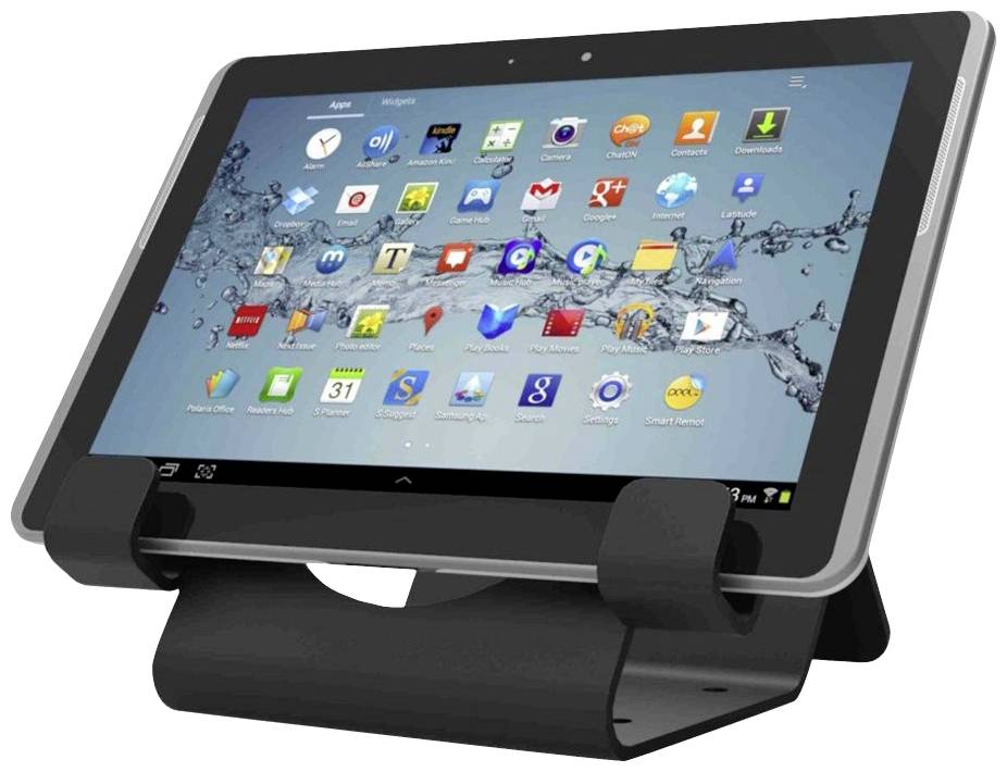 Un tablet con molte icone di app sul suo schermo, inserito in un supporto nero. Il tablet mostra grafiche a schizzi sullo sfondo.