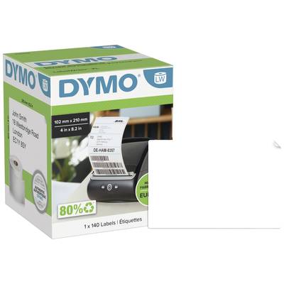 Una confezione di un'etichettatrice DYMO mostra che contiene 140 etichette. Indirizzo di esempio mostrato su un'etichetta.