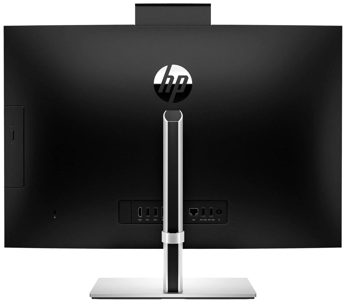 Retro di un monitor nero HP con supporto. Connessioni visibili e logo HP.