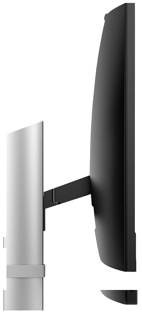 Un profilo laterale di un monitor per computer, montato su un supporto argentato. Lo schermo è nero e sottile.