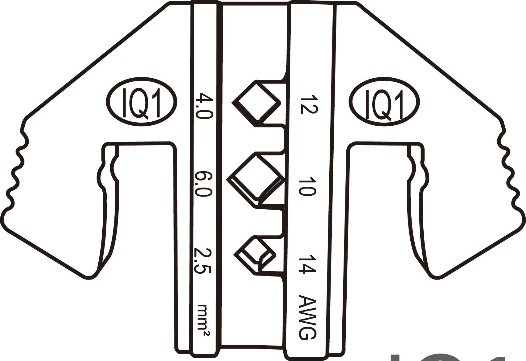 Un simbolo di schema elettrico rappresenta un componente elettrico con due superfici di connessione, contrassegnate come 'IQ1', con sezioni di filo in mm² e AWG.