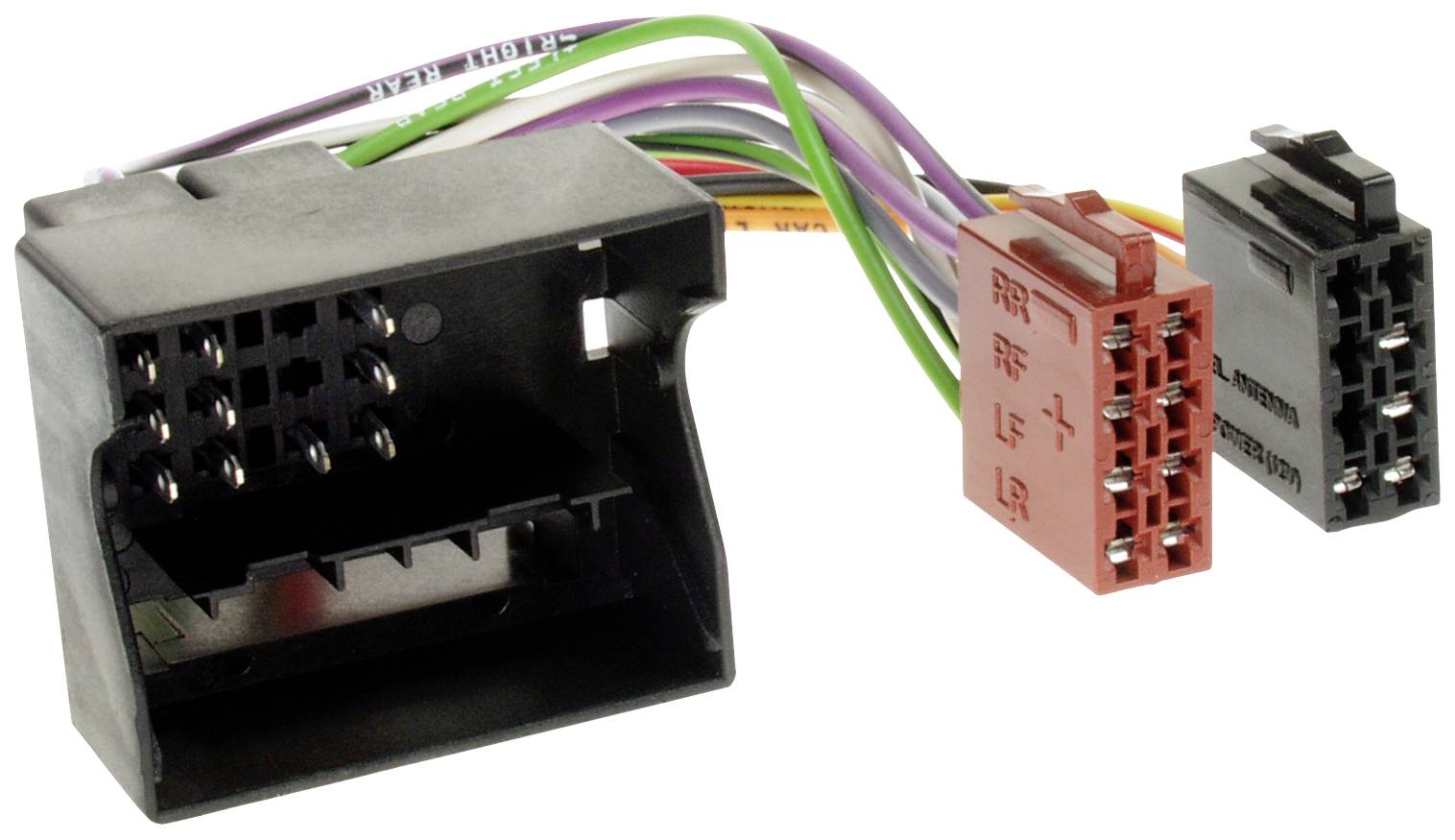 Un adattatore radio per auto con diversi connettori in plastica e cavi colorati, utilizzato per collegare sistemi radiofonici per veicoli.