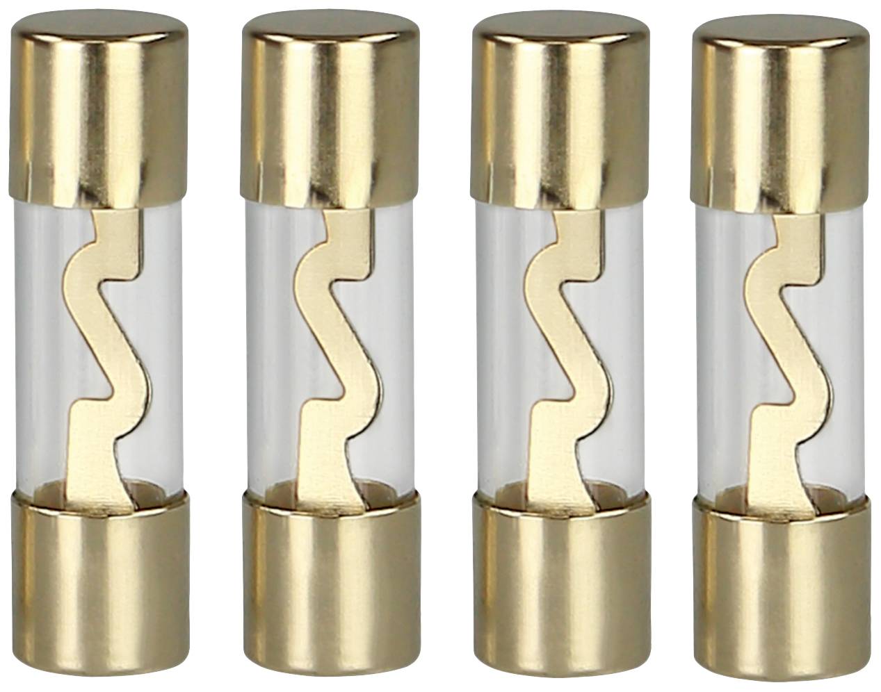 Quattro fusibili dorati con involucri di vetro trasparente e un collegamento metallico a forma di Z nel mezzo, disposti uno accanto all'altro.