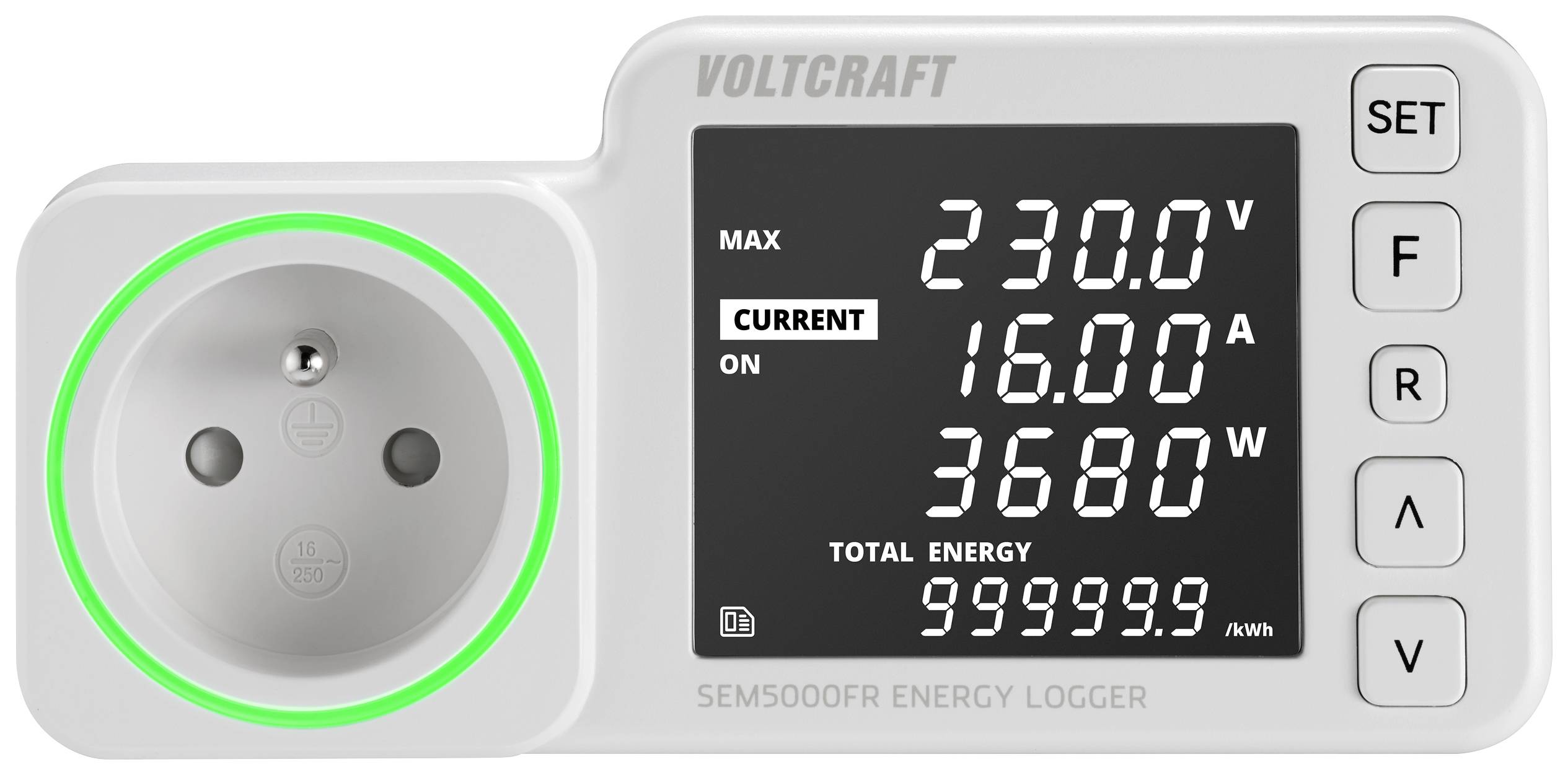 Strumento di misurazione indica: Tensione 230,0 V, Corrente 16,00 A, Potenza 3680 W. Contatore energia totale a 999999,9 kWh.