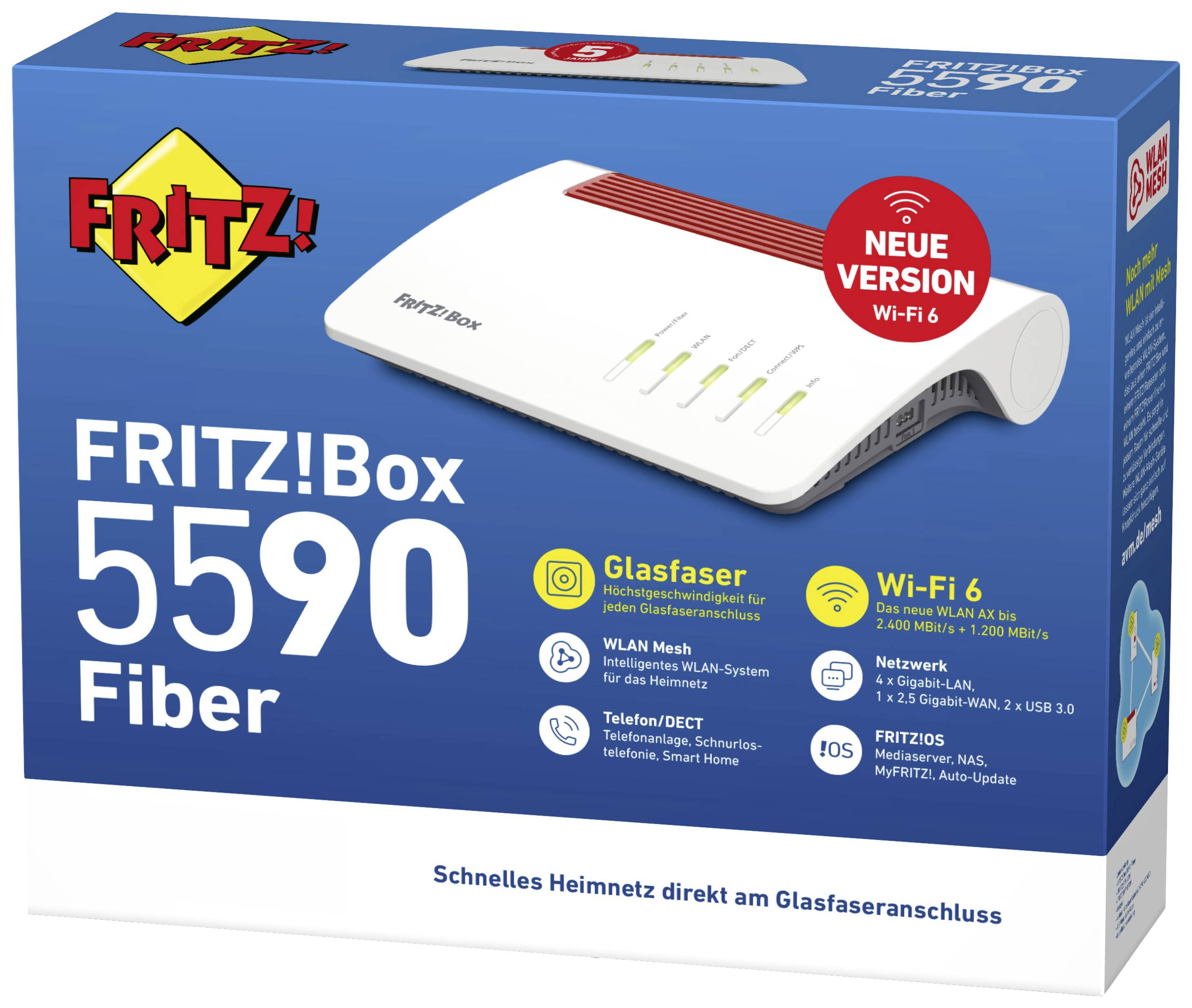 Confezione di un FRITZ!Box 5590 Fiber. Evidenzia la compatibilità con la fibra ottica, Wi-Fi 6 e le funzionalità di rete domestica. Include un'immagine del dispositivo.