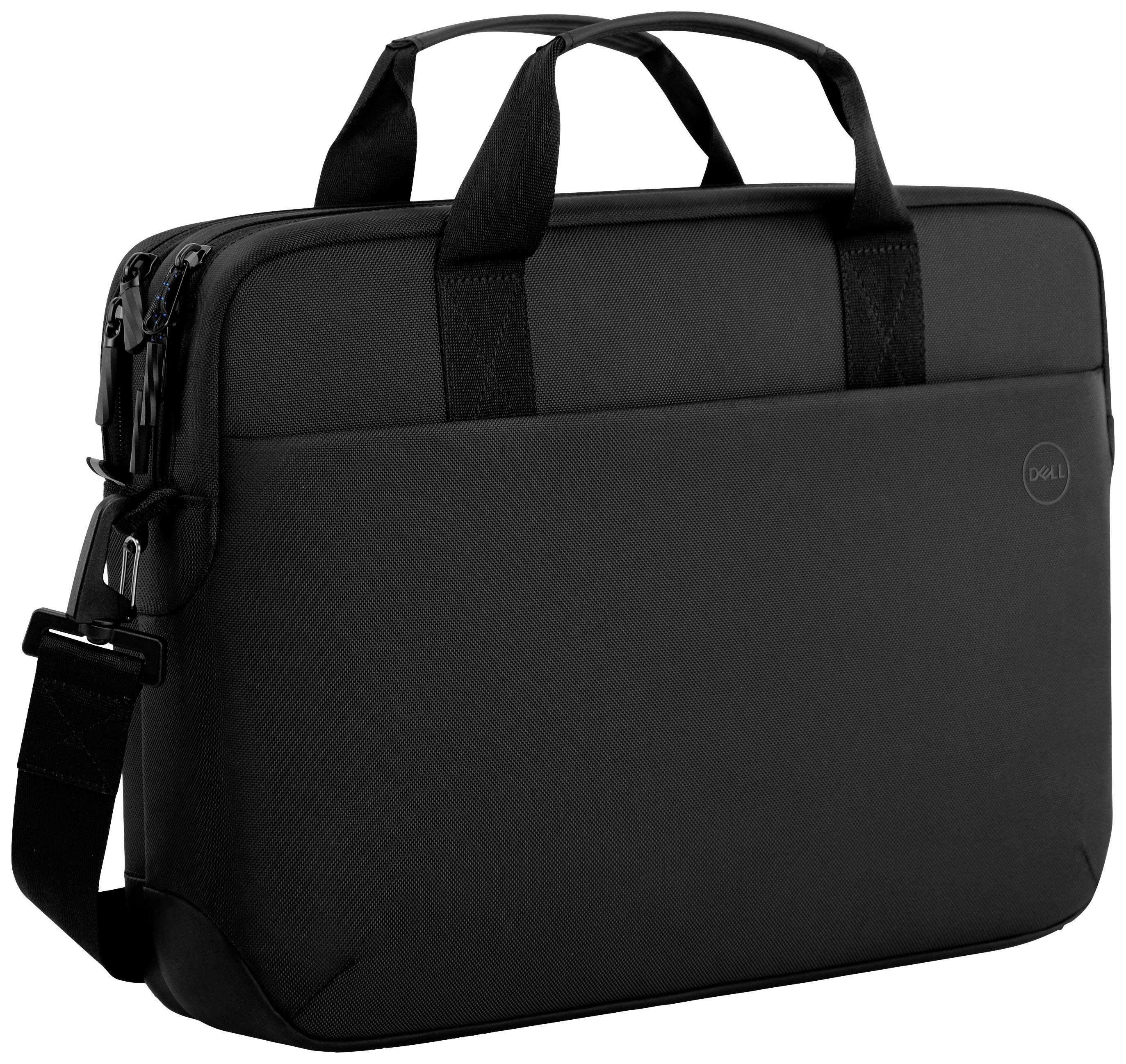 Una borsa nera per laptop con due manici e una tracolla removibile, adatta per il trasporto sicuro di un computer portatile.