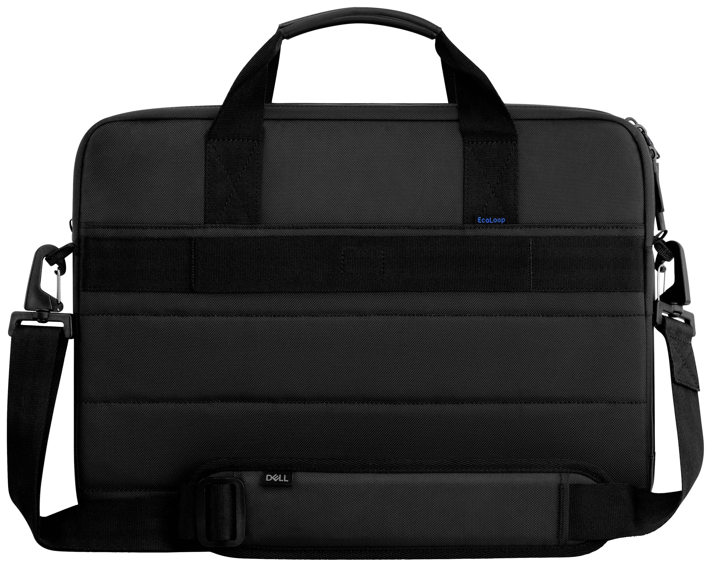 Borsa nera per laptop con manici e tracolla, adatta al trasporto di un computer portatile.
