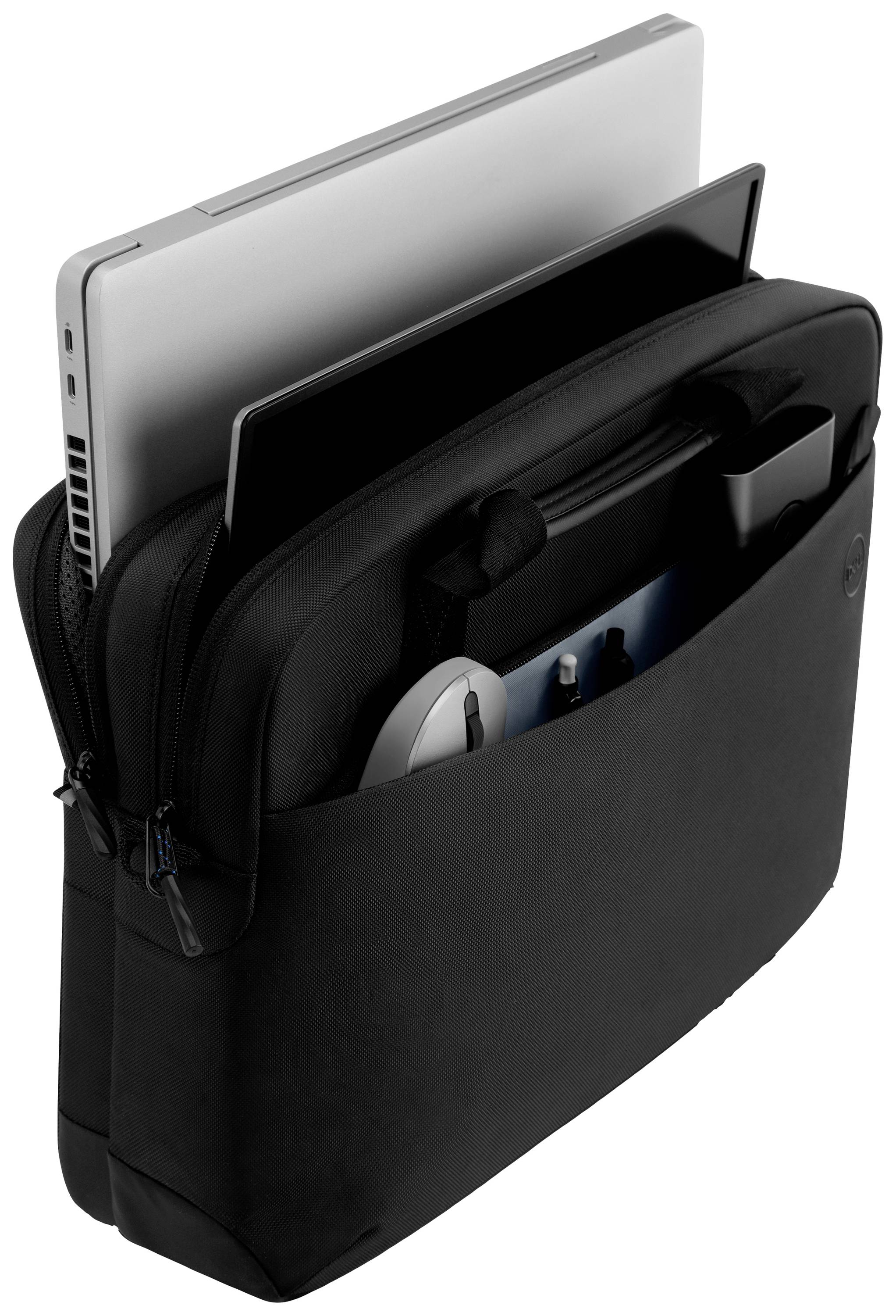 Una borsa per laptop nera, riempita con un portatile, un tablet, uno smartphone e penne, mostra le possibilità di utilizzo multifonzionale.