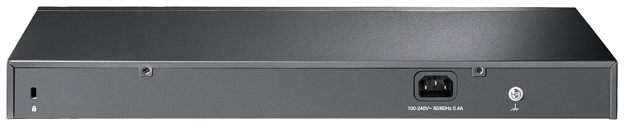 Retro di un dispositivo elettronico con connessione di rete e simbolo di sicurezza, idoneo per 100-240V.