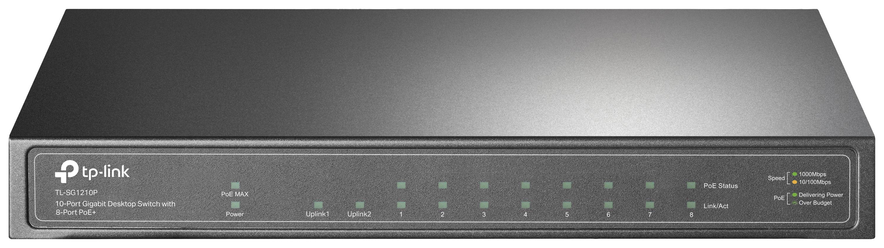 Un switch di rete nero con più LED di stato verdi sul lato anteriore. Logo del marchio a sinistra, numero di modello 'TL-SG1016MP'.