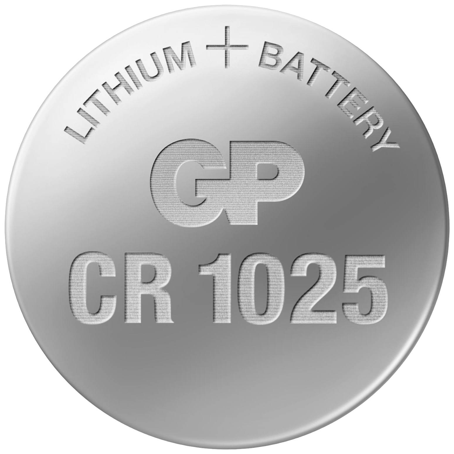 Cella a bottone al litio argentata con stampa 'GP CR1025' e 'LITHIUM BATTERY'.