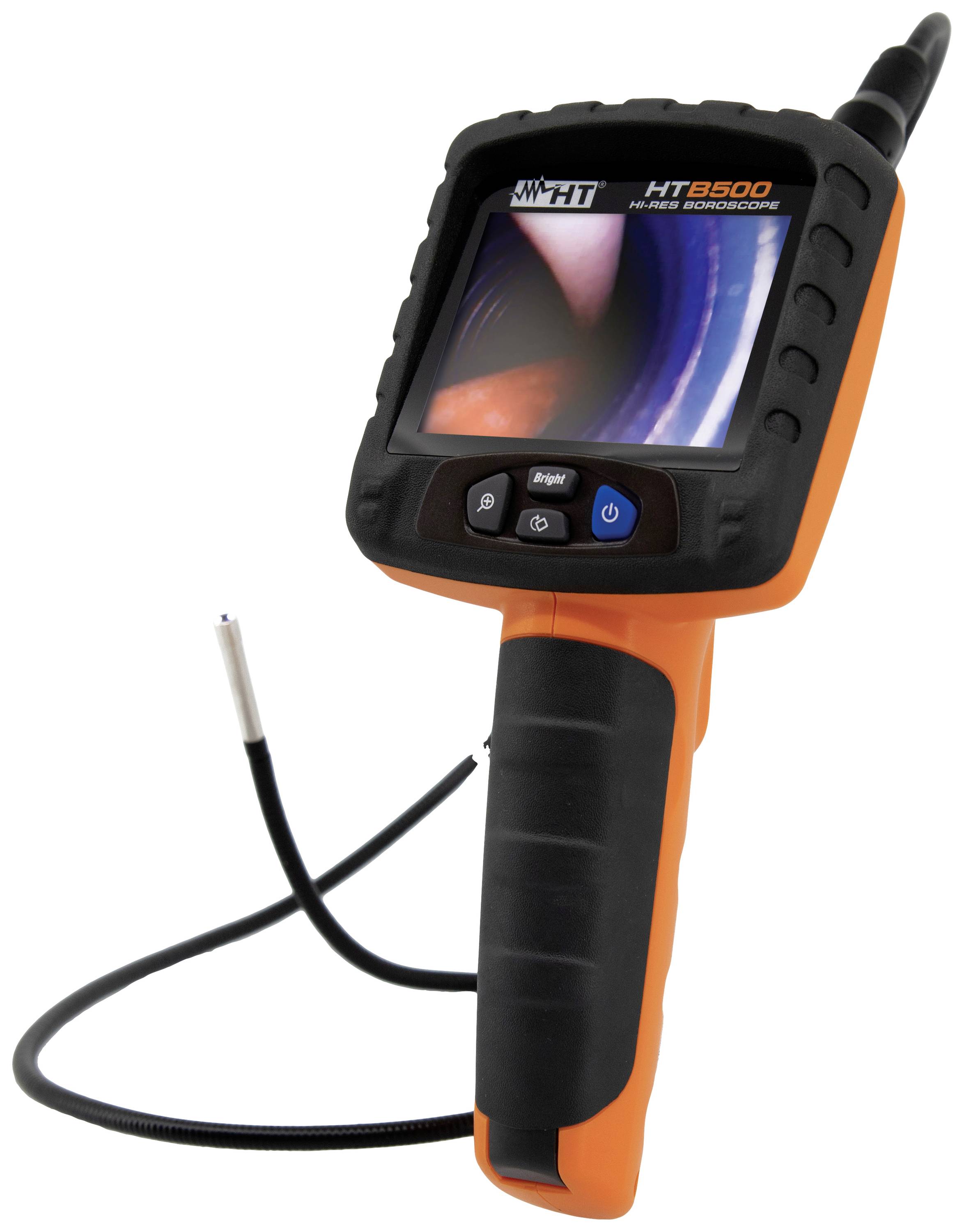 Un endoscopio di ispezione con schermo e cavo flessibile per visualizzare aree difficilmente accessibili. Il display mostra una vista ingrandita di un tubo.