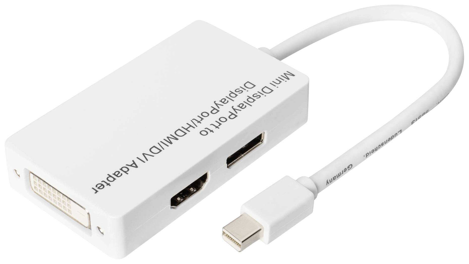 Un adattatore Mini DisplayPort bianco con porte per HDMI, DVI e DisplayPort. Adatto per collegare dispositivi con interfacce diverse.