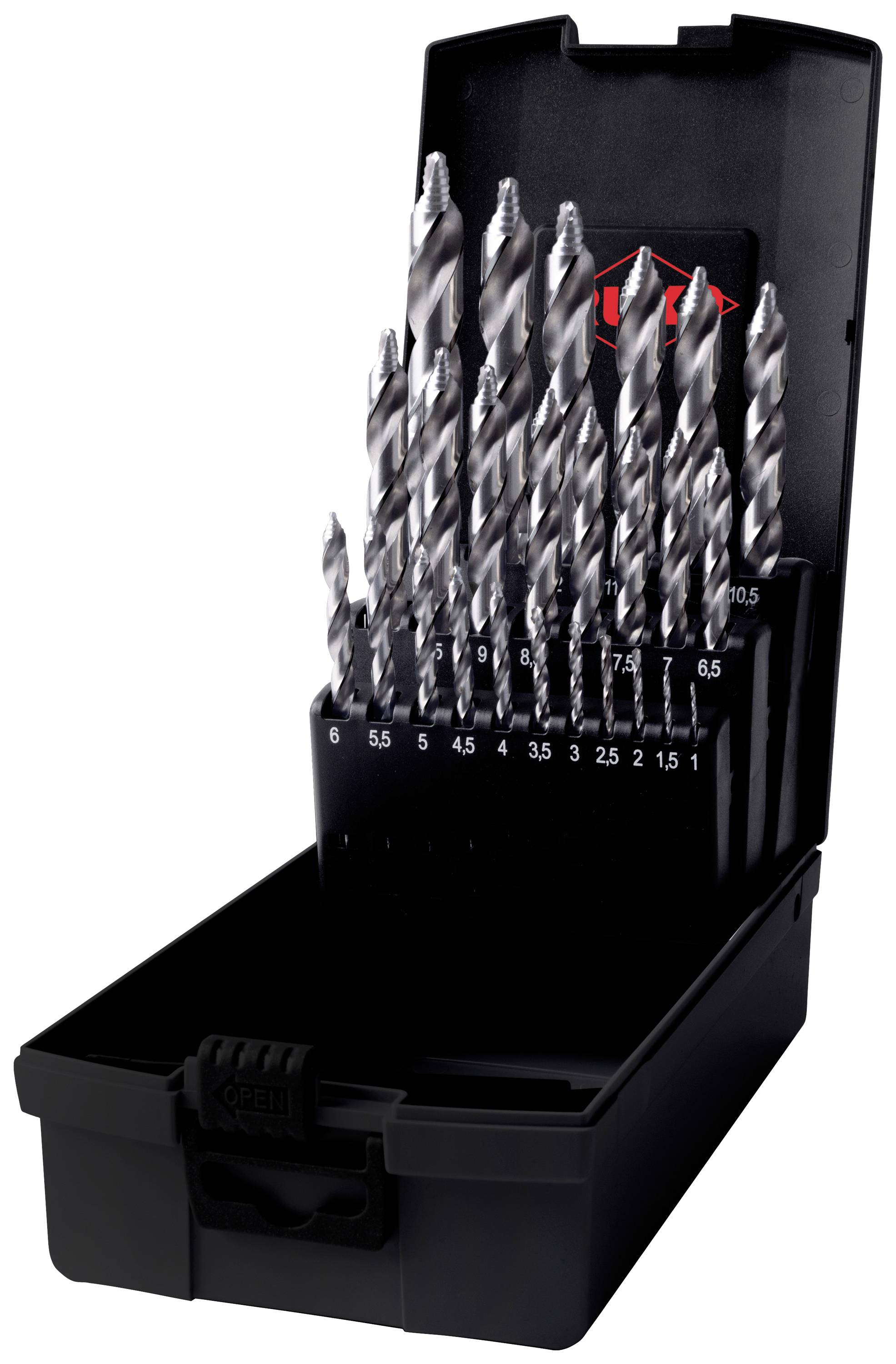 'Set di punte metalliche di diverse dimensioni in una scatola di plastica nera aperta.'