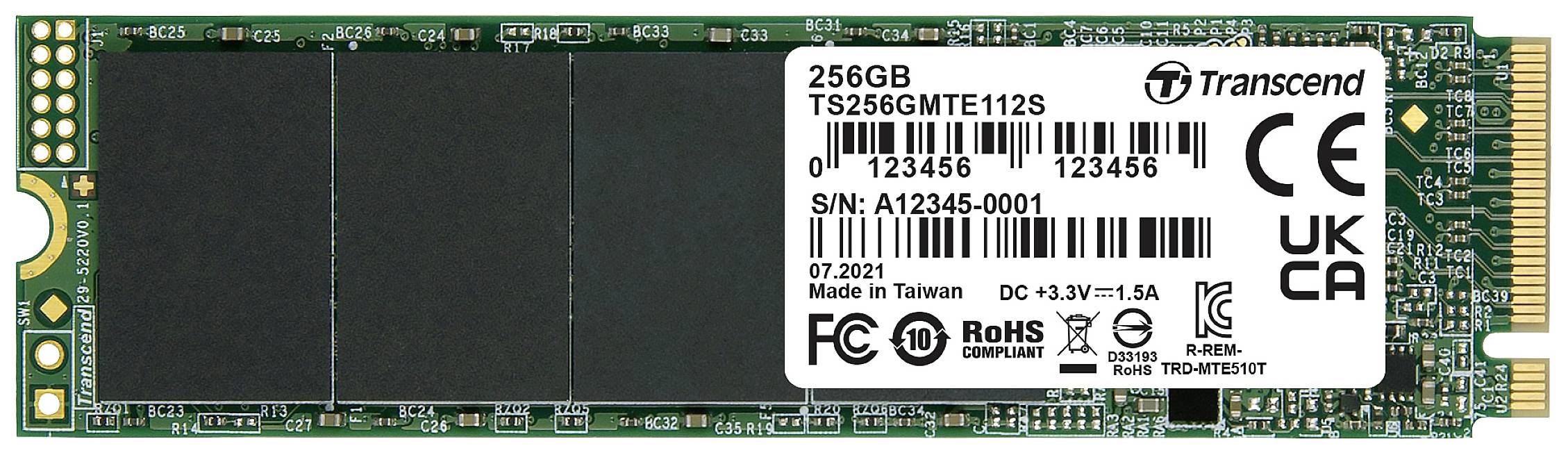 Un SSD M.2 di Transcend con capacità di 256 GB. Sull'etichetta sono visibili il numero di serie, il numero del modello e i simboli di conformità.