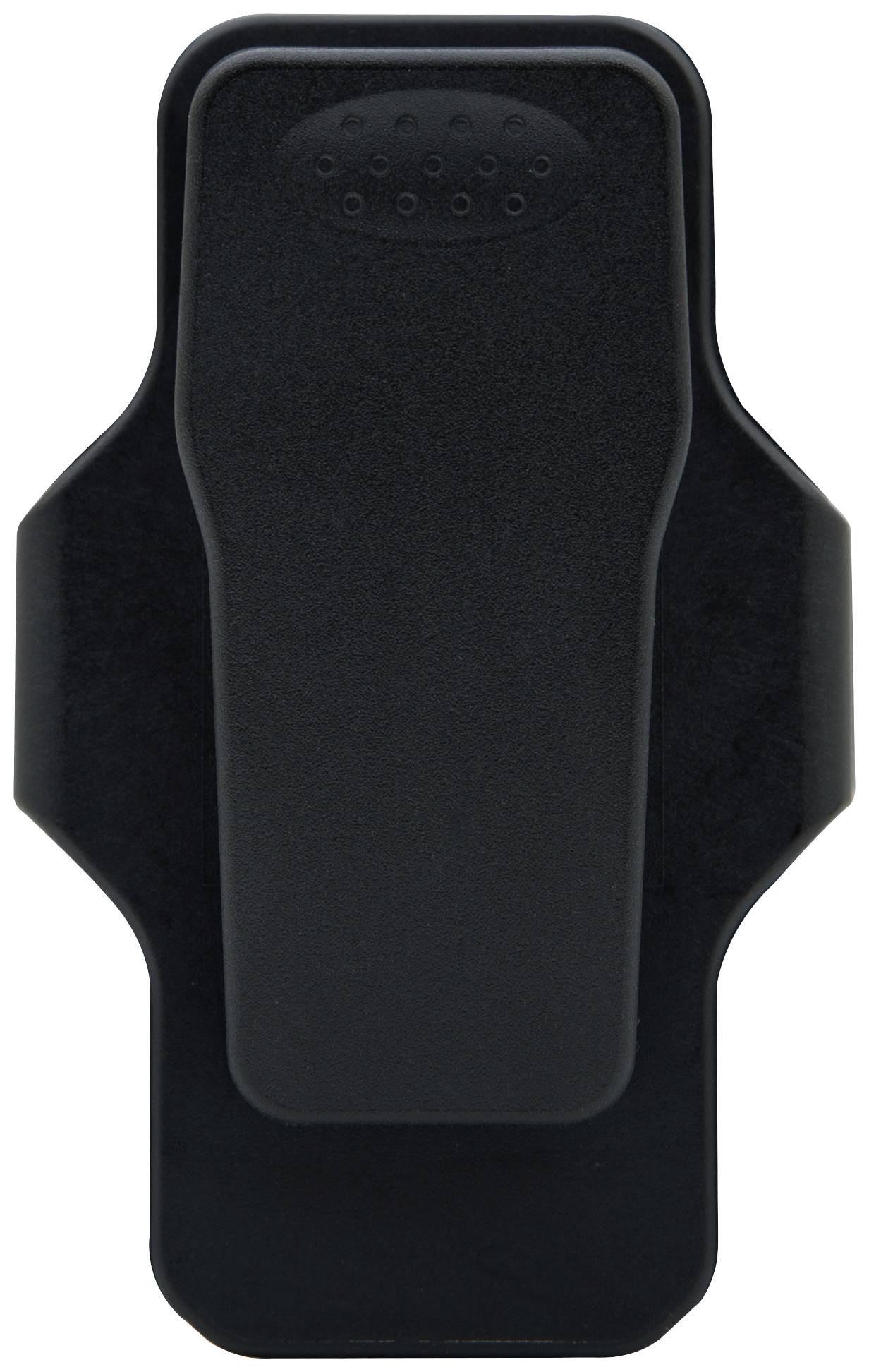 Clip per cintura nero in plastica, dal design essenziale, adatto per il fissaggio a cinture o borse.