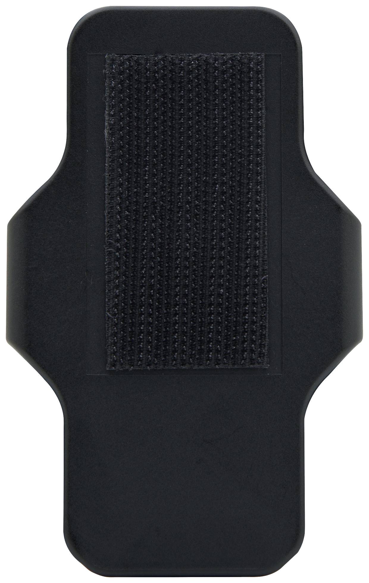 Un velcro nero, rettangolare, con angoli arrotondati su uno sfondo scuro.