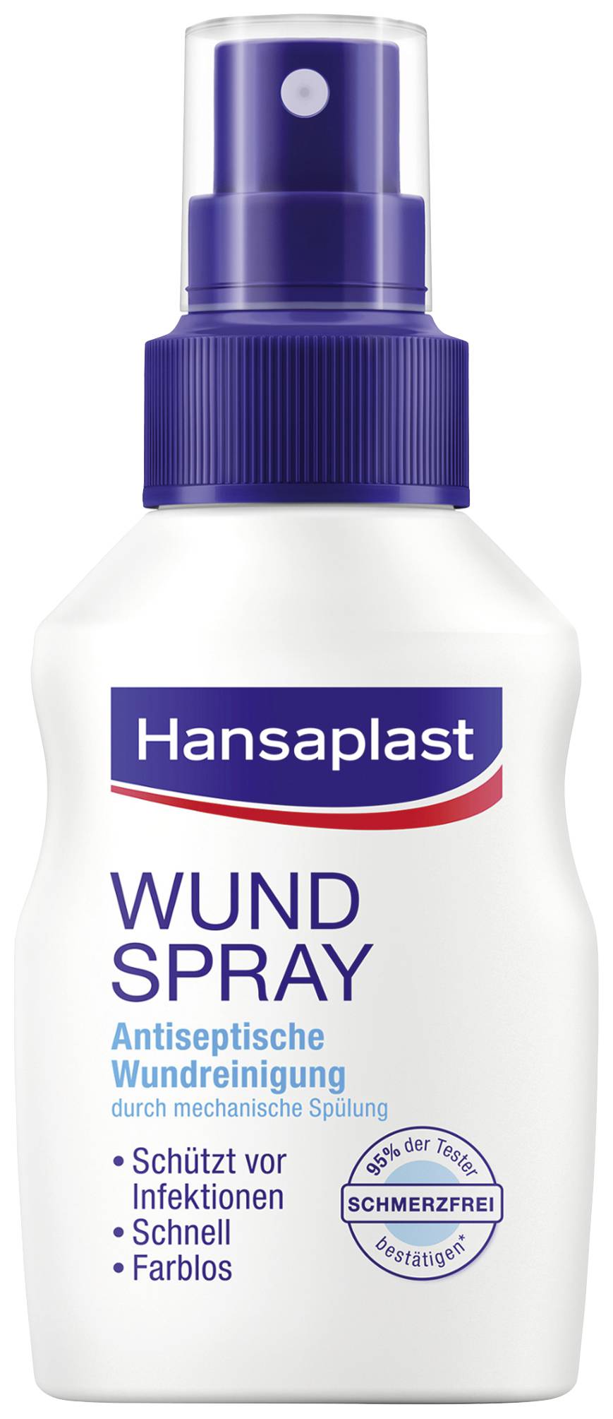 Flacone di Hansaplast Wundspray con tappo blu. Detergente antisettico per ferite, protegge da infezioni, rapido e incolore.