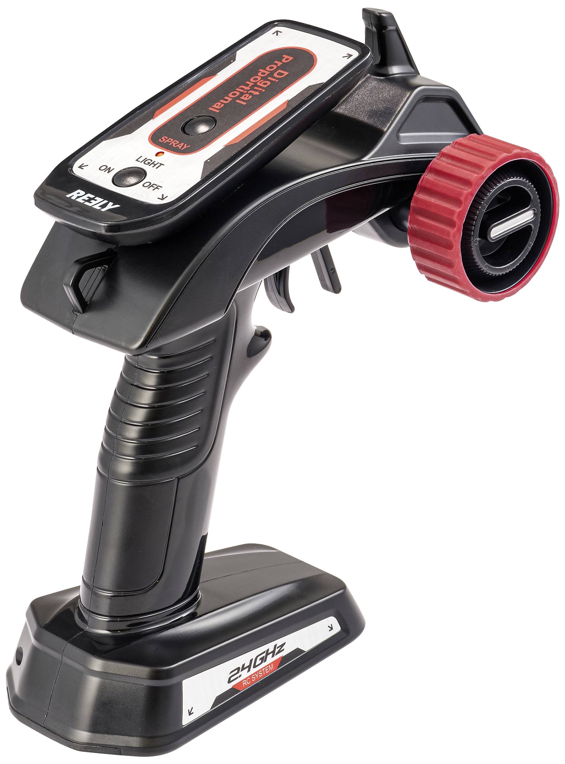 Telecomando per auto RC con impugnatura nera, rotella rossa e tasti superiori. Adatto per utilizzo con mano destra o sinistra. Display per lo stato della batteria.