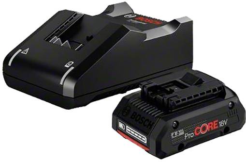 Caricabatterie e pacco batteria da 18V di Bosch, nome prodotto 'ProCORE'.