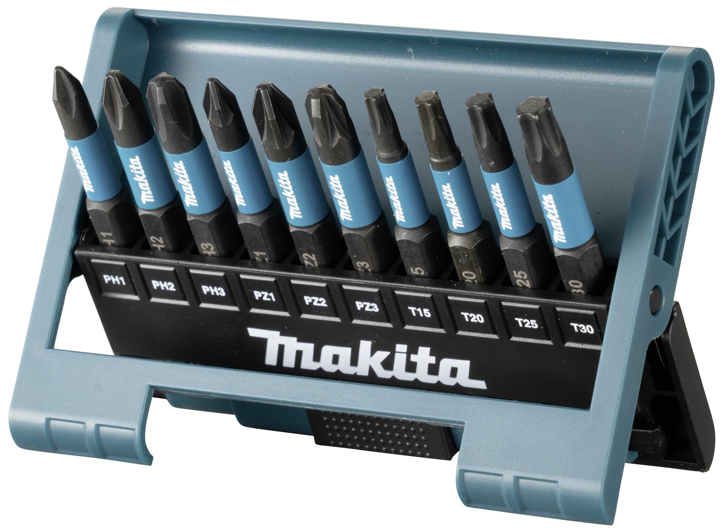 Un set di dieci punte per cacciavite Makita di diverse dimensioni, allineate in un supporto blu.