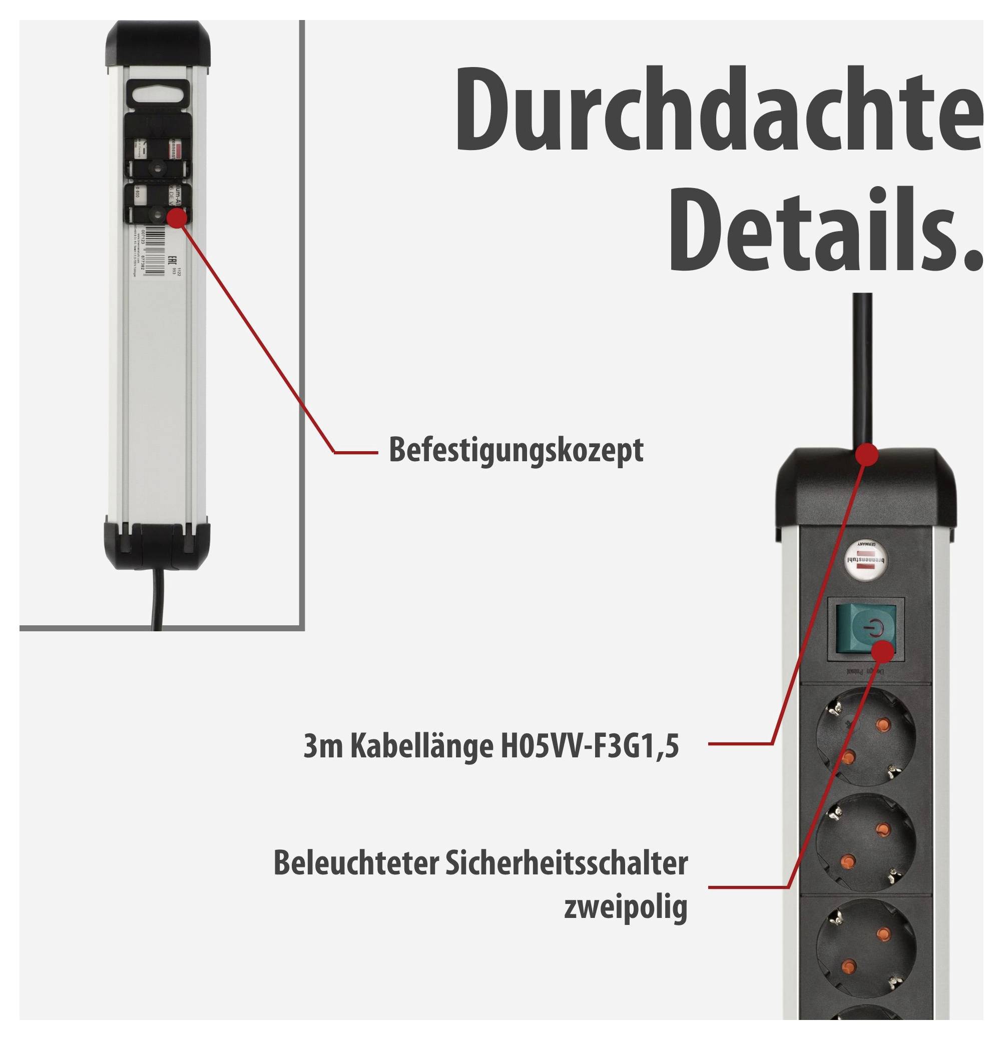 Ciabatta da parete con "Dettagli ben congegnati": Concetto di fissaggio, cavo H05VV-F3G1,5 da 3 m e interruttore di sicurezza bipolare illuminato.