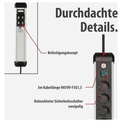 Ciabatta da parete con "Dettagli ben congegnati": Concetto di fissaggio, cavo H05VV-F3G1,5 da 3 m e interruttore di sicurezza bipolare illuminato.