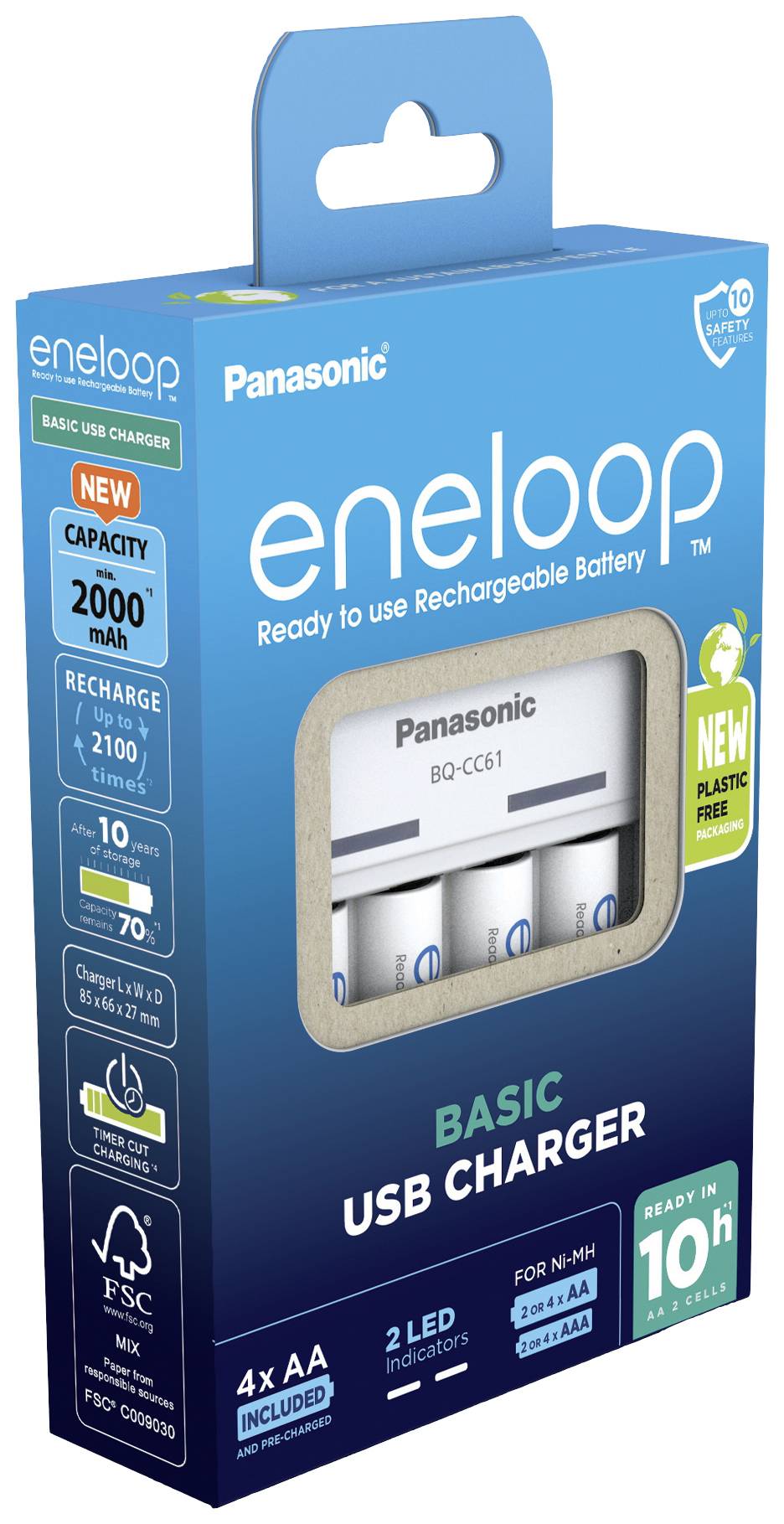 Confezione di un caricabatterie Panasonic eneloop con quattro batterie ricaricabili AA, connettore USB e indicatore LED.