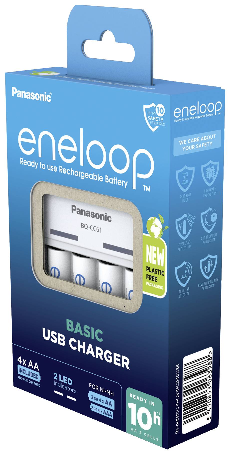 Una confezione di batterie AA Panasonic eneloop con caricabatterie USB. Contiene un caricabatterie e quattro batterie ricaricabili.