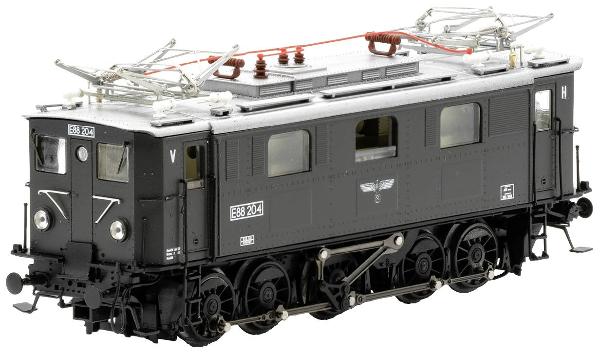 Modello di locomotiva elettrica E88 in colorazione nera, con pantografi dettagliati e scritte sul lato.